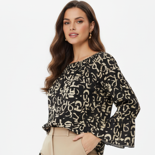 Black NO AGE blouse with a round neckline and stylish design, perfect for women's casual or dressy outfits.