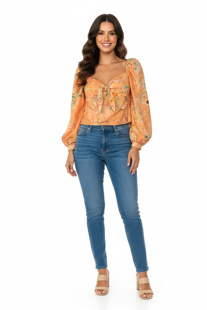 NO AGE women's blouse featuring a V-neck design and a stylish, patterned fabric in a relaxed fit.