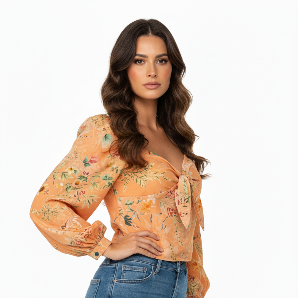 NO AGE women's blouse with a stylish V-neck, featuring a vibrant pattern and lightweight fabric.