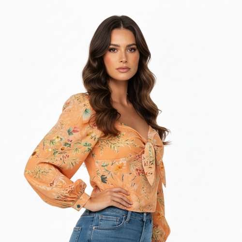 NO AGE women's blouse with a stylish V-neck, featuring a vibrant pattern and lightweight fabric.