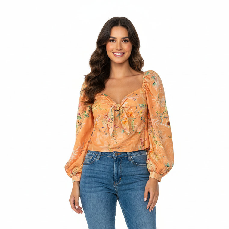 Blouse femme fantaisie col en V de la marque NO AGE, affichant un motif élégant et une coupe moderne.