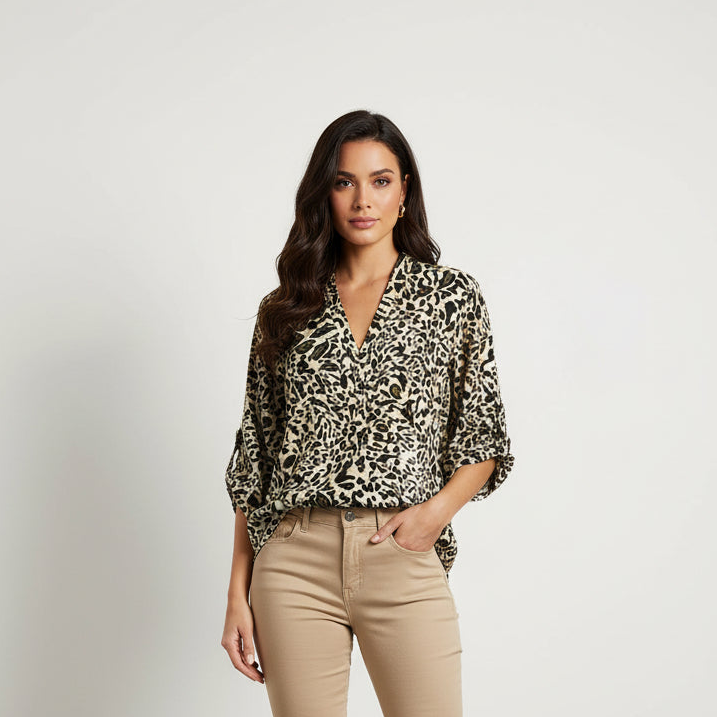 Long leopard print blouse for women by NO AGE, featuring a relaxed fit and stylish design.