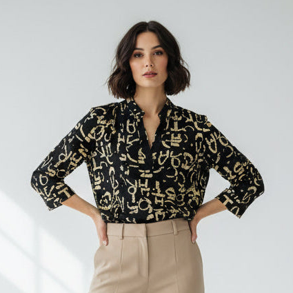 Colorful Graffiti print women's blouse by NO AGE, featuring a stylish chemisier design and a relaxed fit.