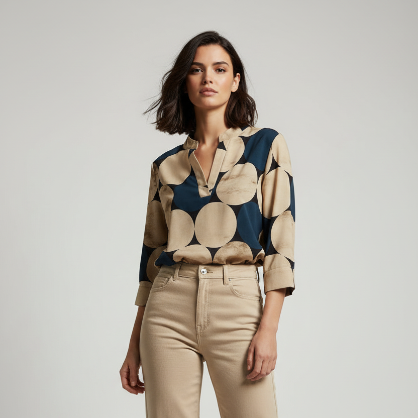 Women’s NO AGE printed blouse with rounded neckline and stylish design, featuring vibrant colors and a comfortable fit.