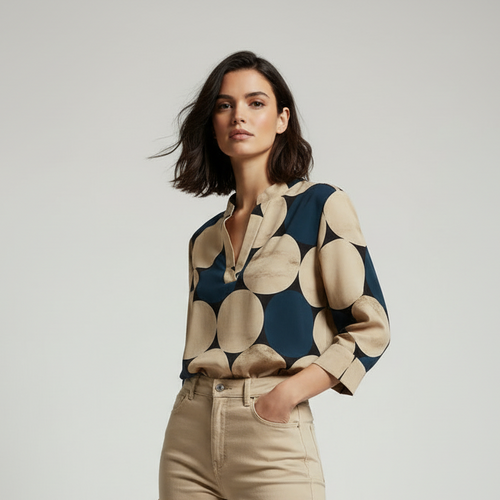 NO AGE printed women's blouse with a rounded neckline and vibrant patterns, perfect for casual or semi-formal wear.