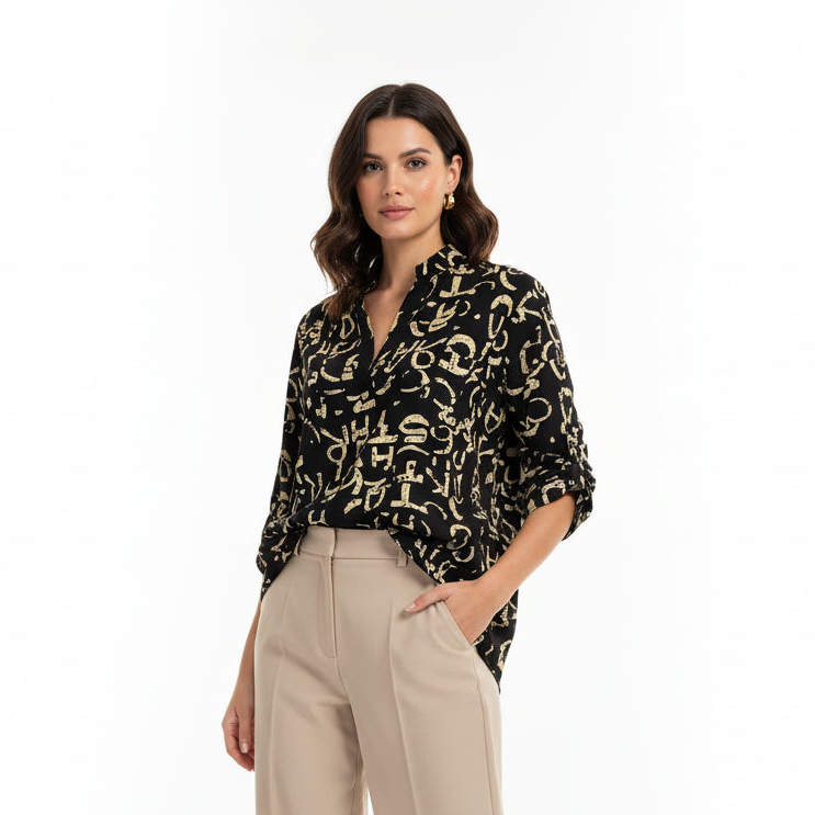 Woman's graffiti print blouse by NO AGE, featuring a stylish design and lightweight fabric, perfect for casual wear.