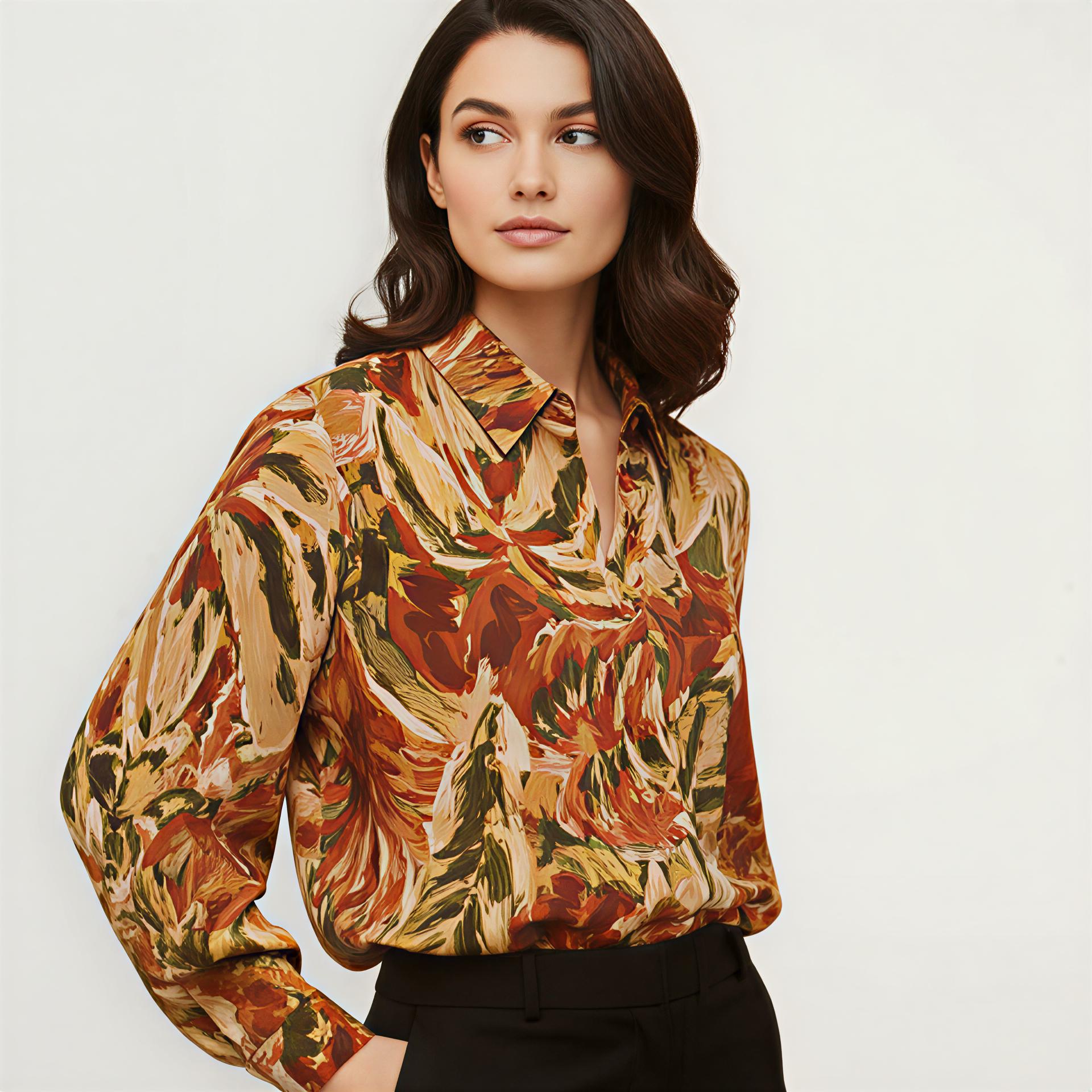 Chemisier femme fantaisie NO AGE Carol avec motif coloré, manches longues et col classique, porté avec un style décontracté.