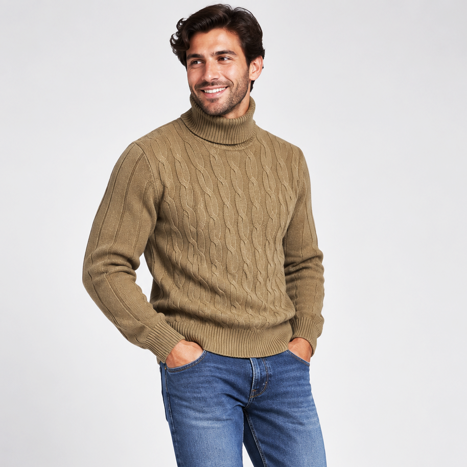 pull homme col roulé torsadé camel