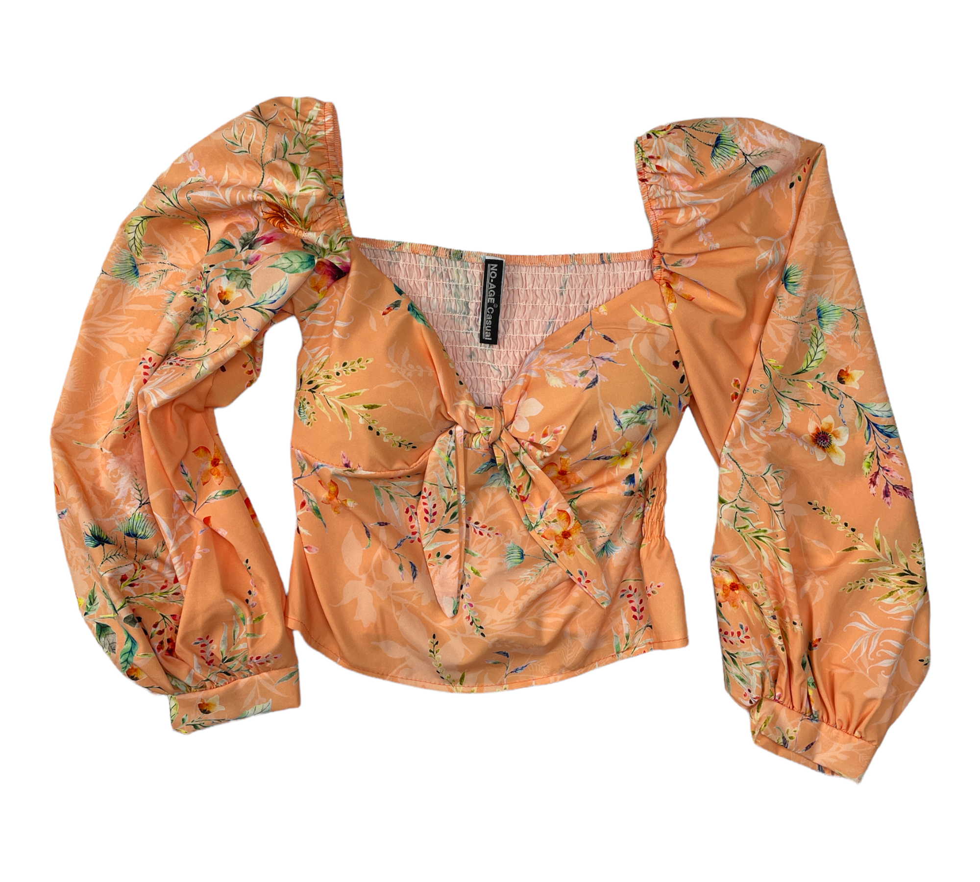 Feminine NO AGE blouse with a V-neck, featuring a stylish print and lightweight fabric, perfect for casual wear.