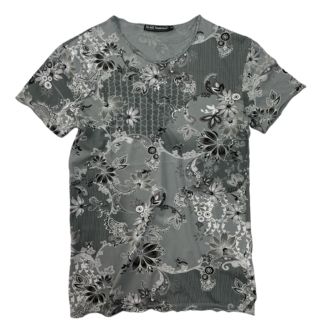 T-shirt homme en coton imprimé botanique, marque NO AGE, avec motif floral coloré sur fond blanc.