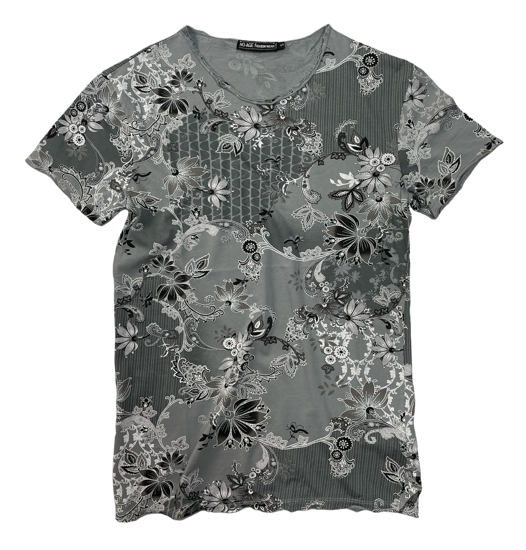 T-shirt homme en coton imprimé botanique, marque NO AGE, avec motif floral coloré sur fond blanc.