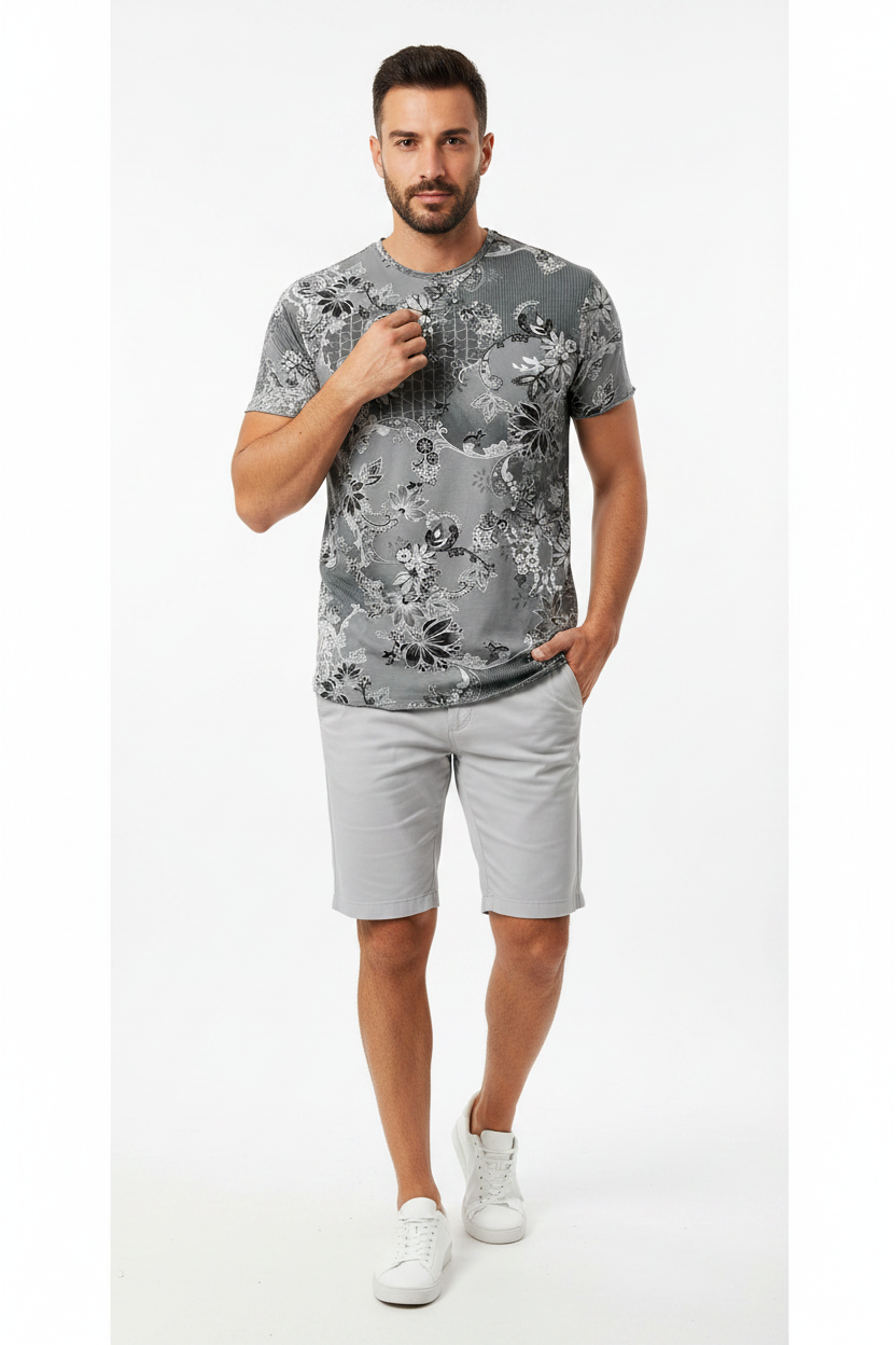 T-shirt homme en coton avec imprimé botanique de la marque NO AGE, modèle ITYOKI210312-6.80, vue de face.