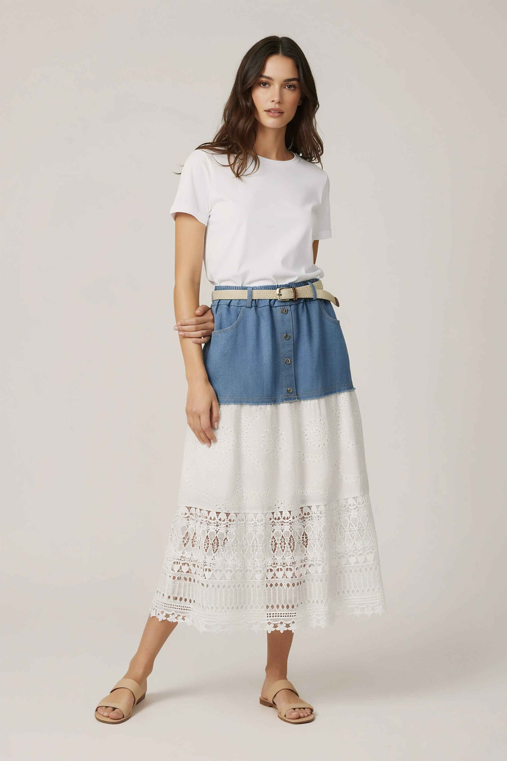 Jupe longue femme Denim et Dentelle