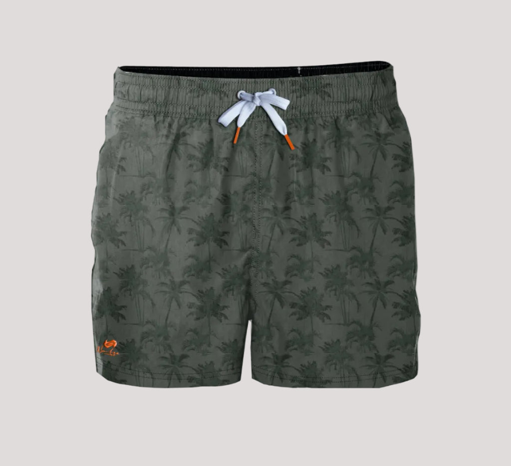 Short de bain homme NO AGE avec motif palmier coloré, affichant un design tropical et une coupe confortable.