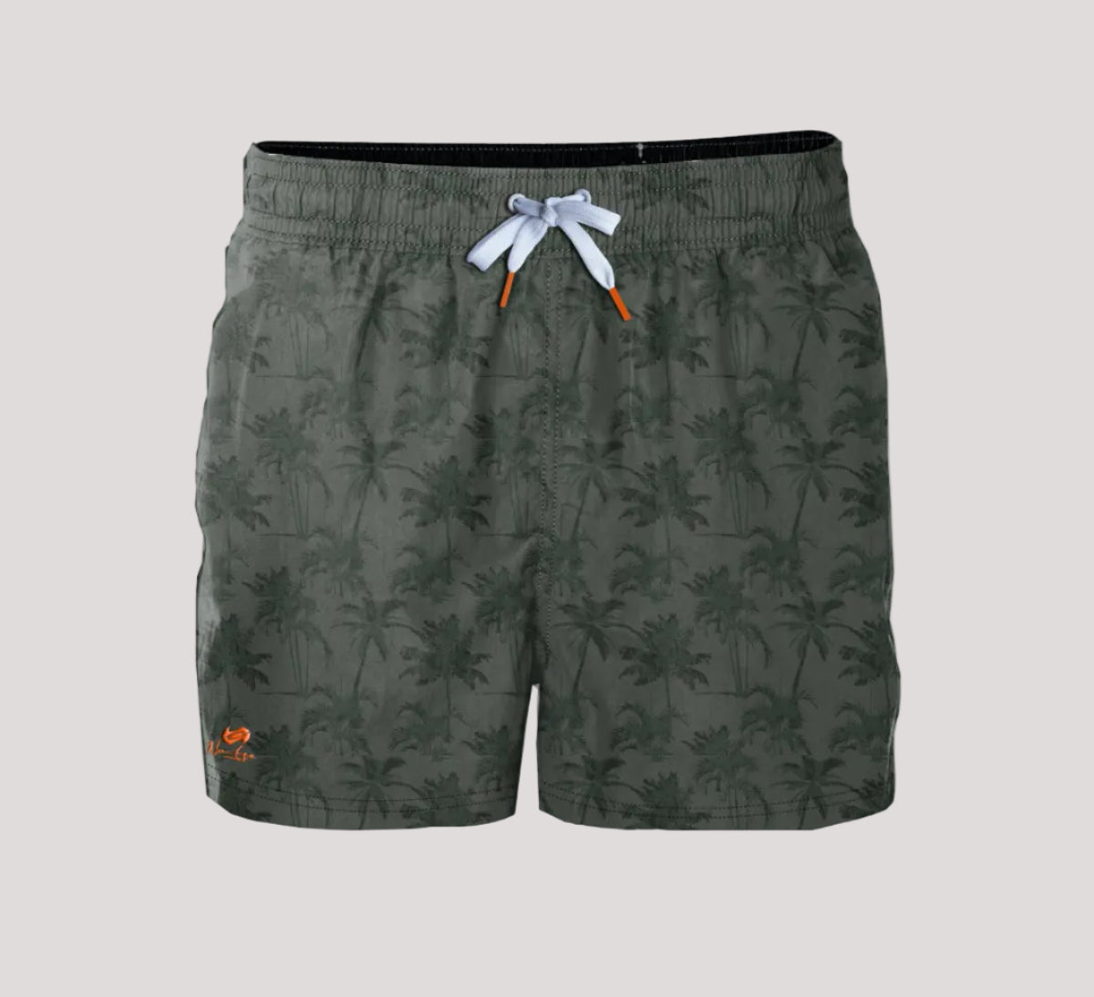 Short de bain homme NO AGE avec motif palmier coloré, affichant un design tropical et une coupe confortable.