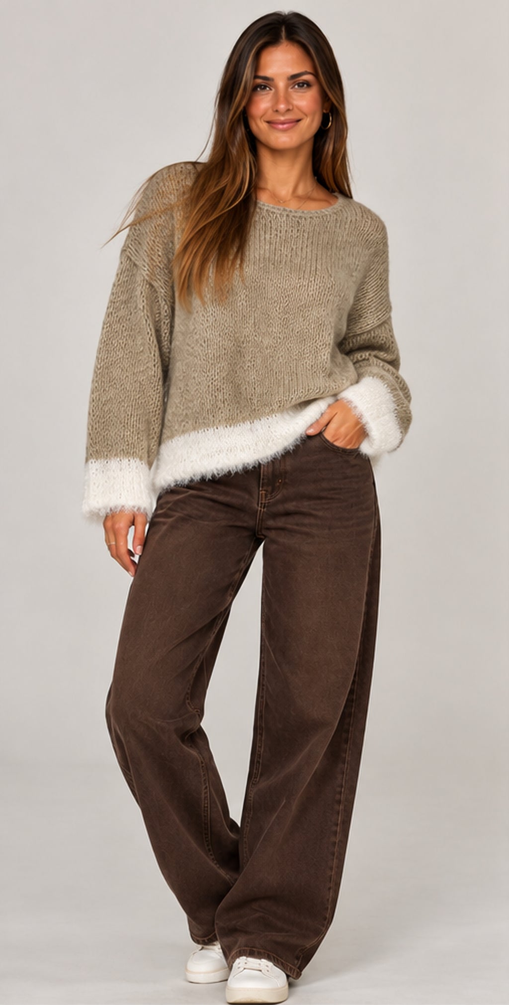 Pull bicolore pour femme beige ecru
