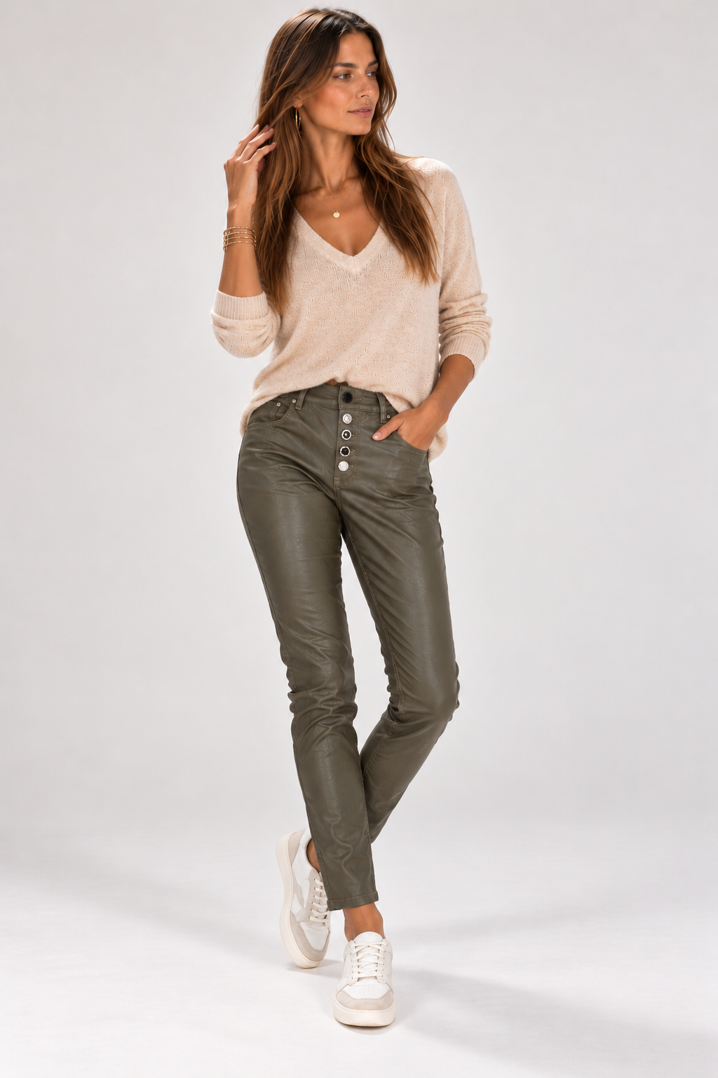 Pantalon slim femme huilé kaki pushup