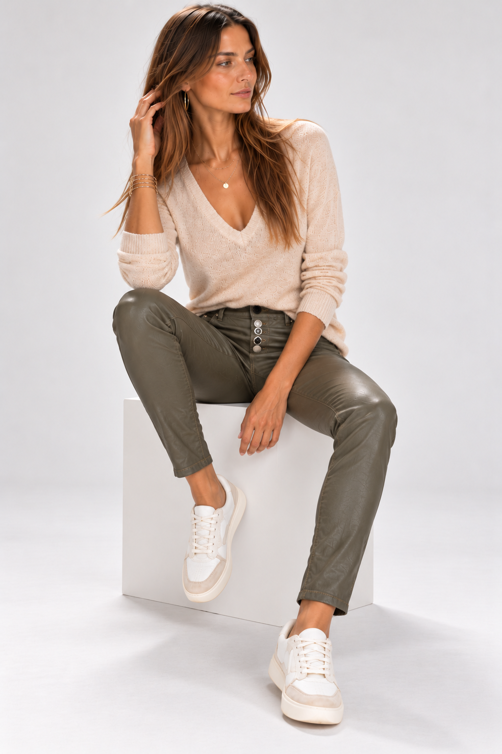 Pantalon slim femme huilé kaki pushup