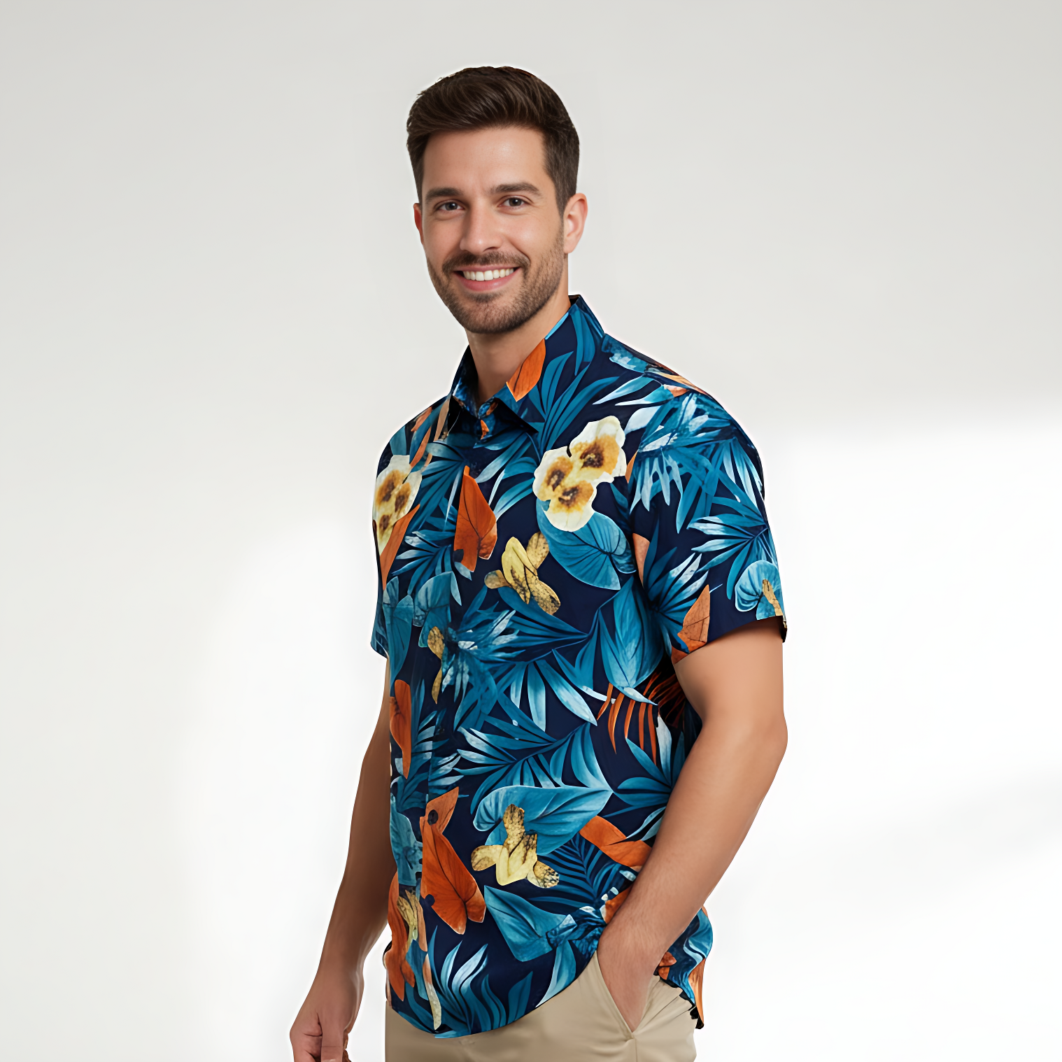 Chemisette homme NO AGE à manches courtes avec imprimé floral marine en viscose, style décontracté et léger.