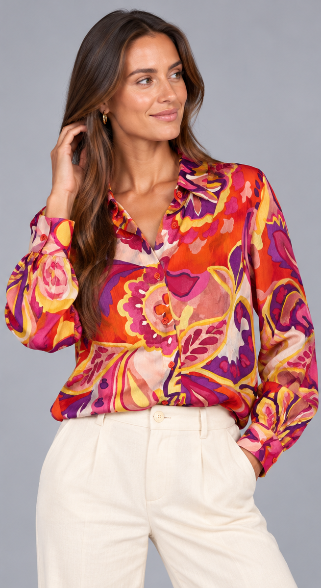 Chemisier femme fantaisie multicolore NO AGE avec manches longues et col en V, tissu léger et élégant.