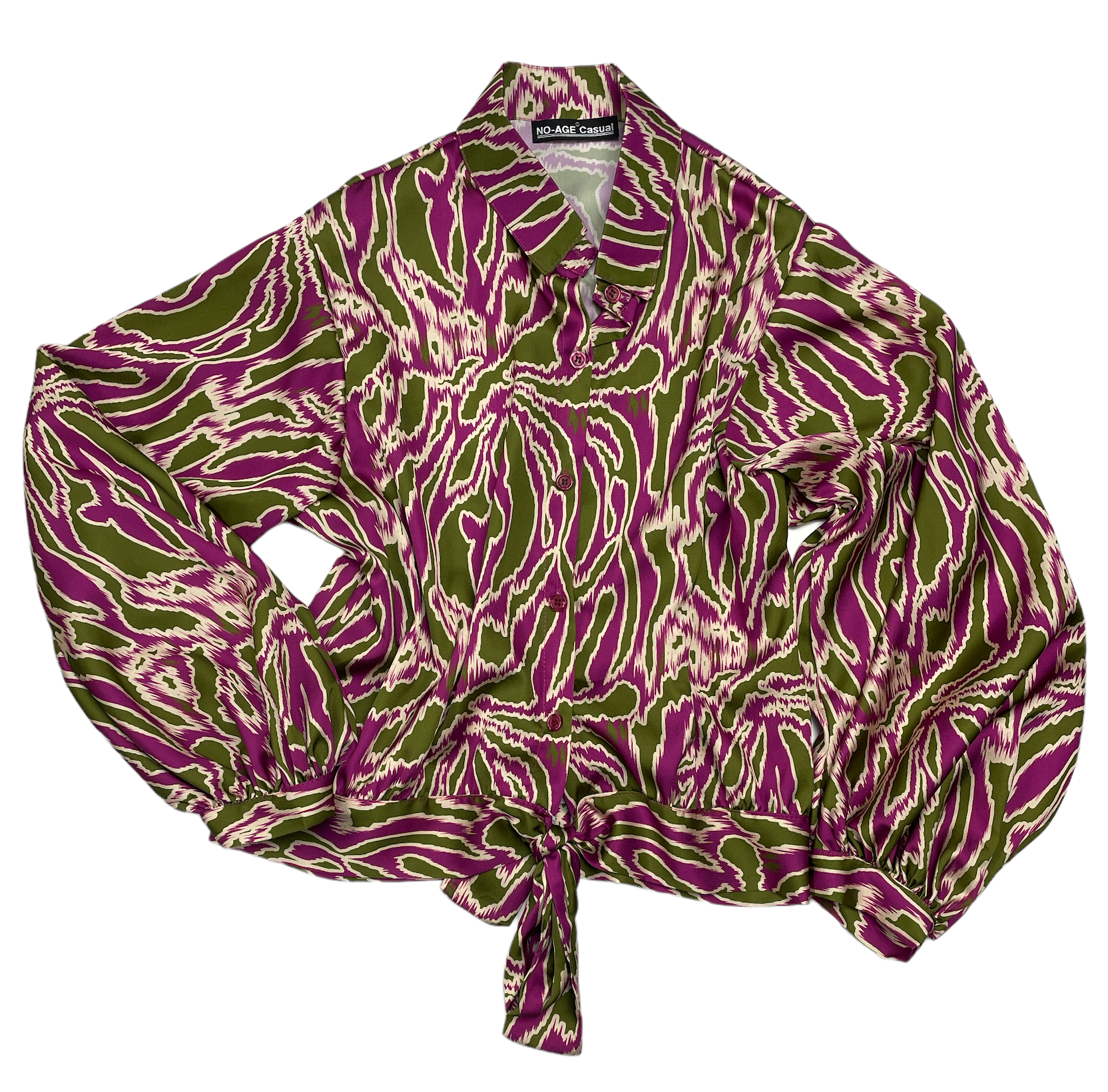 Élégant chemisier en satin imprimé de la marque NO AGE, avec motifs colorés et coupe féminine.