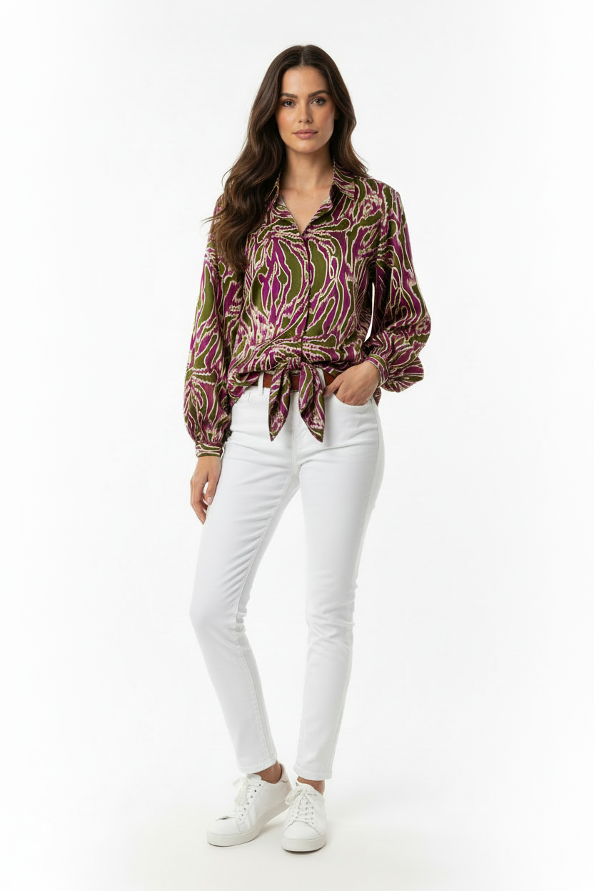 Elegant printed satin chemisier for women by NO AGE, featuring a stylish design and soft fabric texture.