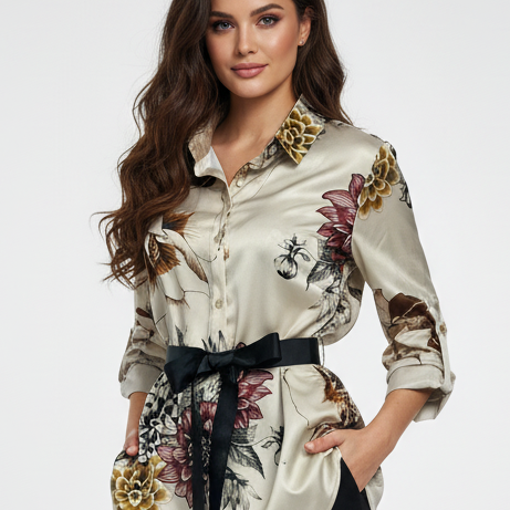 Long satin printed chemisier for women by NO AGE featuring a tied belt detail and elegant design.