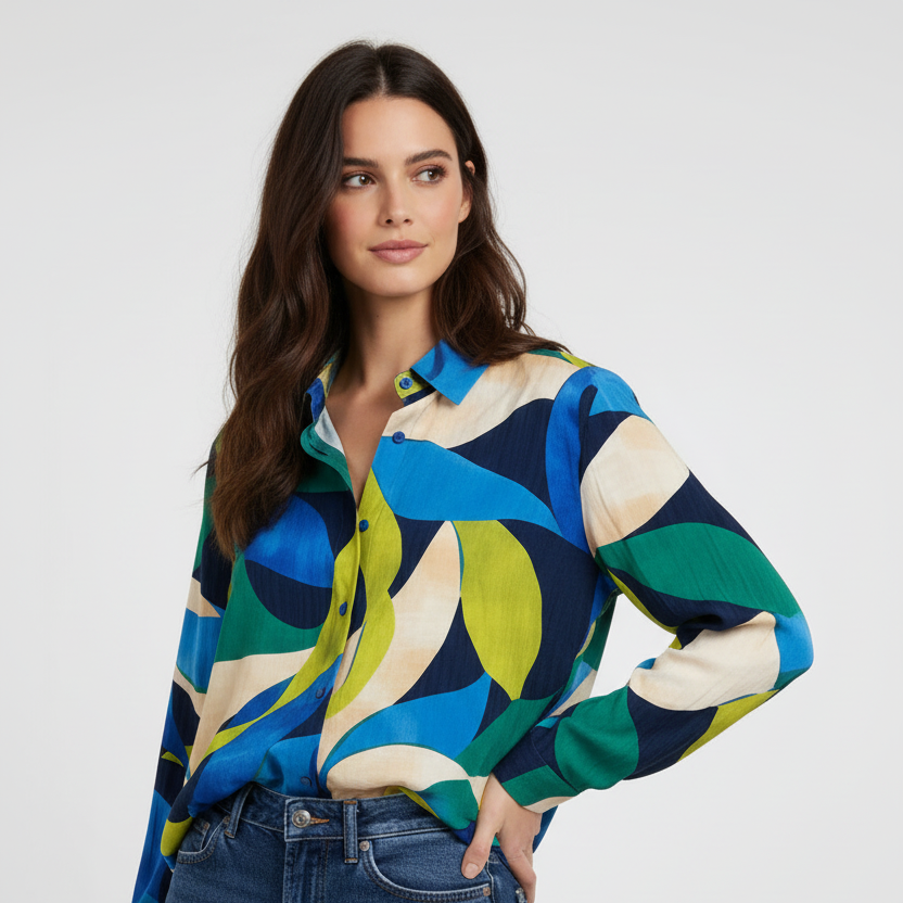 Long-sleeve women's chemisier by NO AGE featuring a vibrant palm print design.