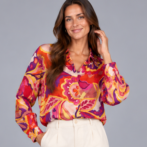 Chemisier femme fantaisie multicolore NO AGE avec motif floral et détails élégants, porté sur un fond blanc.