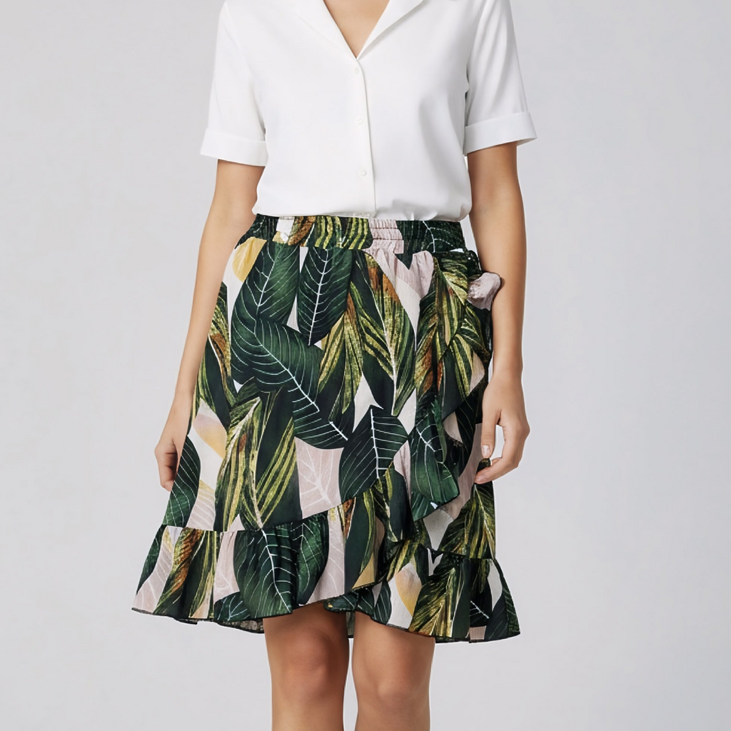 Jupe courte femme imprimée avec volants et motif palm, marque NO AGE, style léger et tendance.