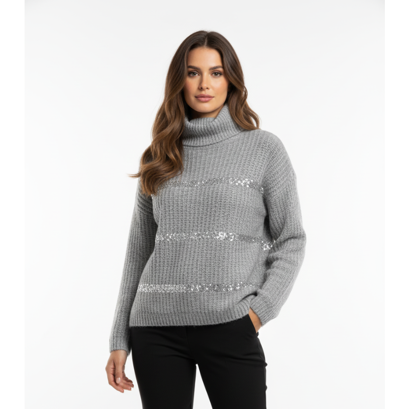 pull femme gris  col roulé avec paillette