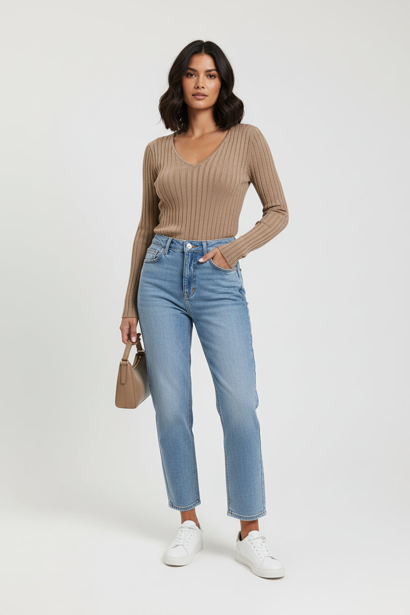 Pull femme moulant à cotes col V - NO AGE Store