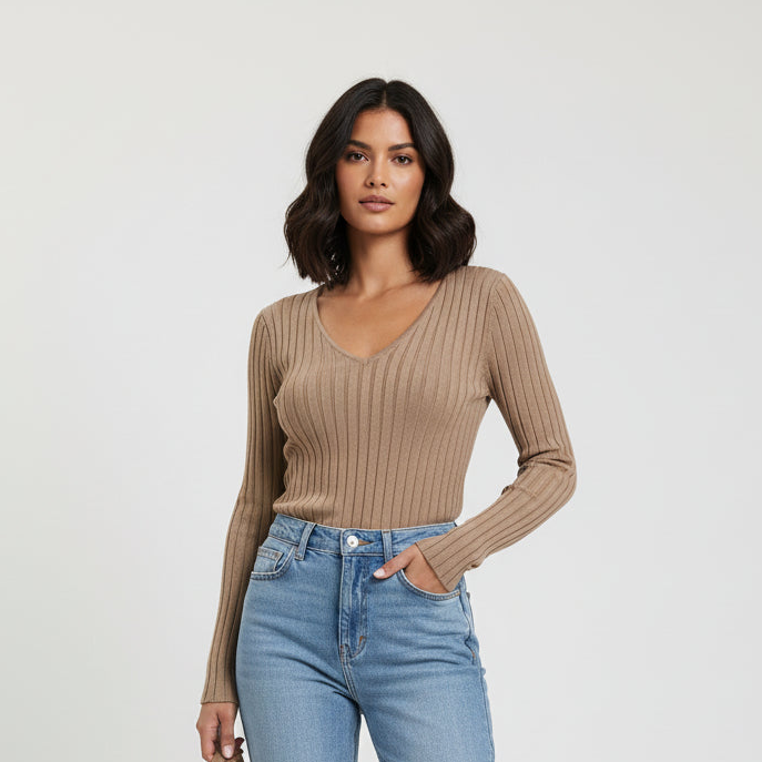 Pull femme moulant à cotes col V - NO AGE Store