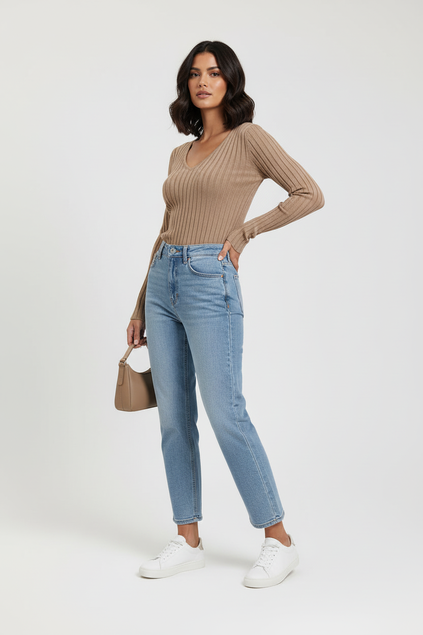 Pull femme moulant à cotes col V - NO AGE Store