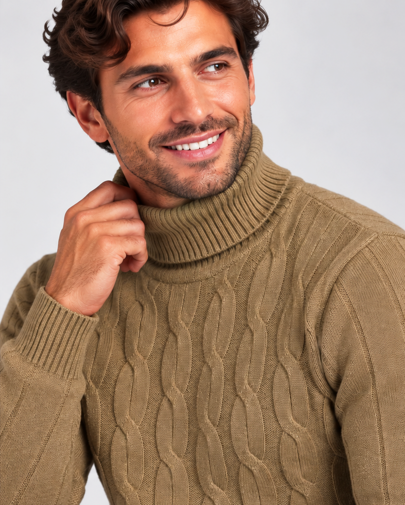 pull homme torsadé camel col roulé