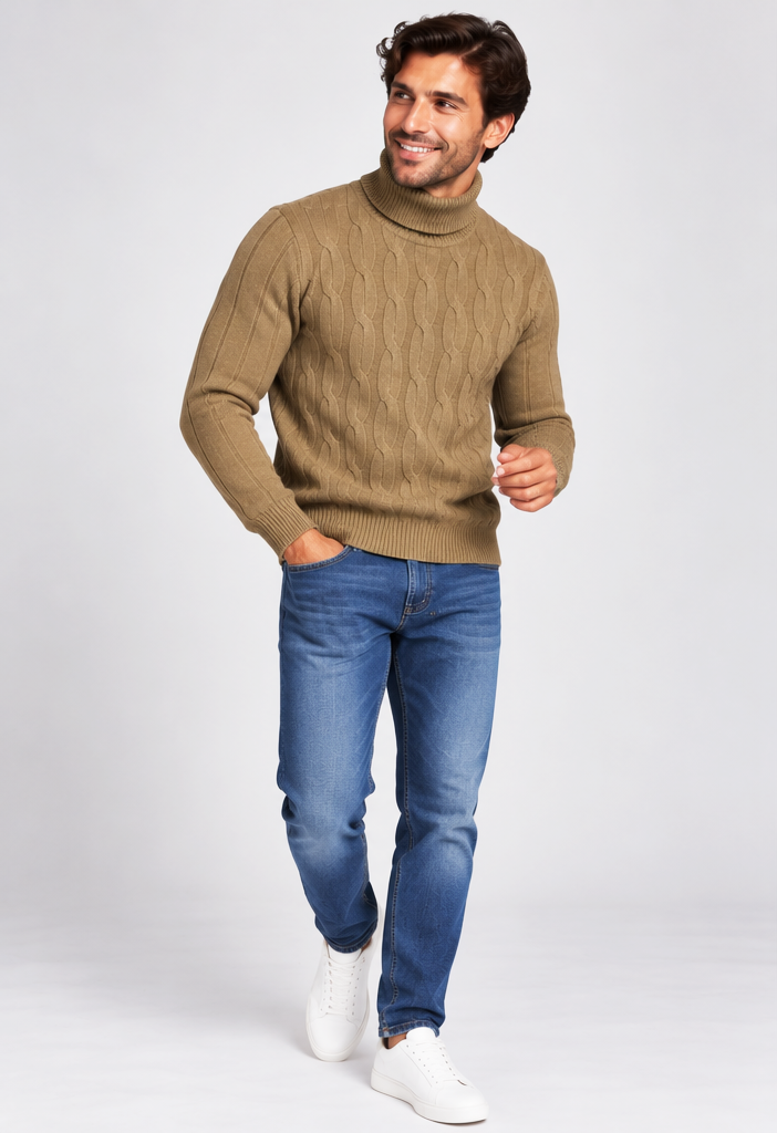 pull homme torsadé col roulé camel