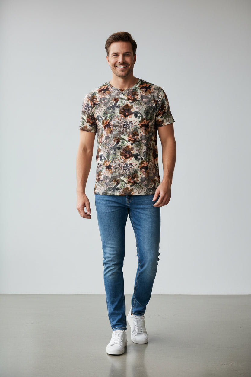 Men's camouflage print crew neck T-shirt by NO AGE, featuring a stylish design and comfortable fit.