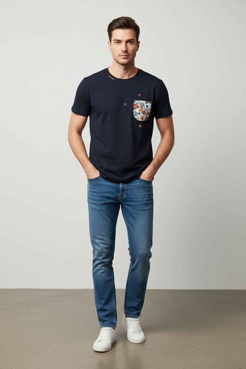 T-shirt regular col rond Noir Pocket