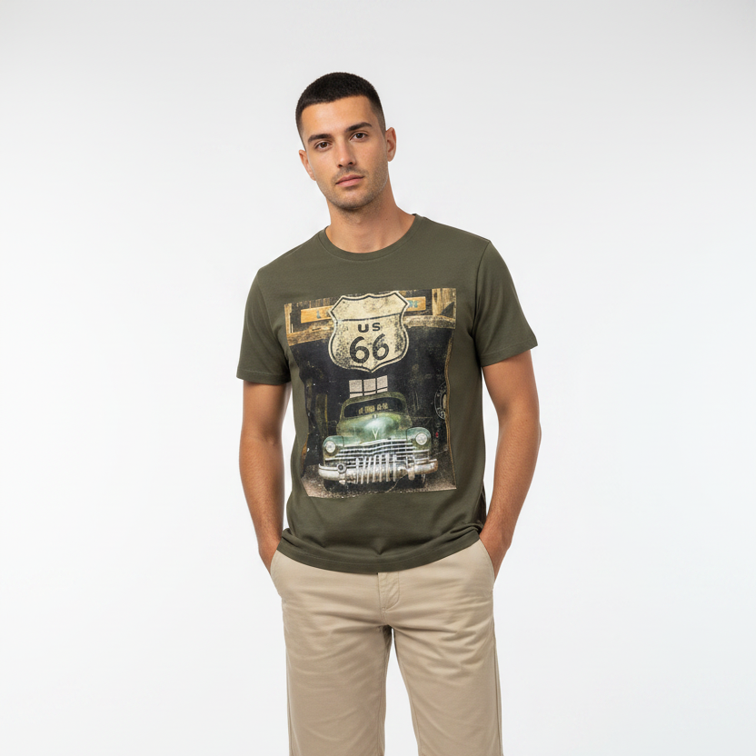 T-shirt homme regular col rond 66 NO AGE, en coton gris clair, porté sur un mannequin.