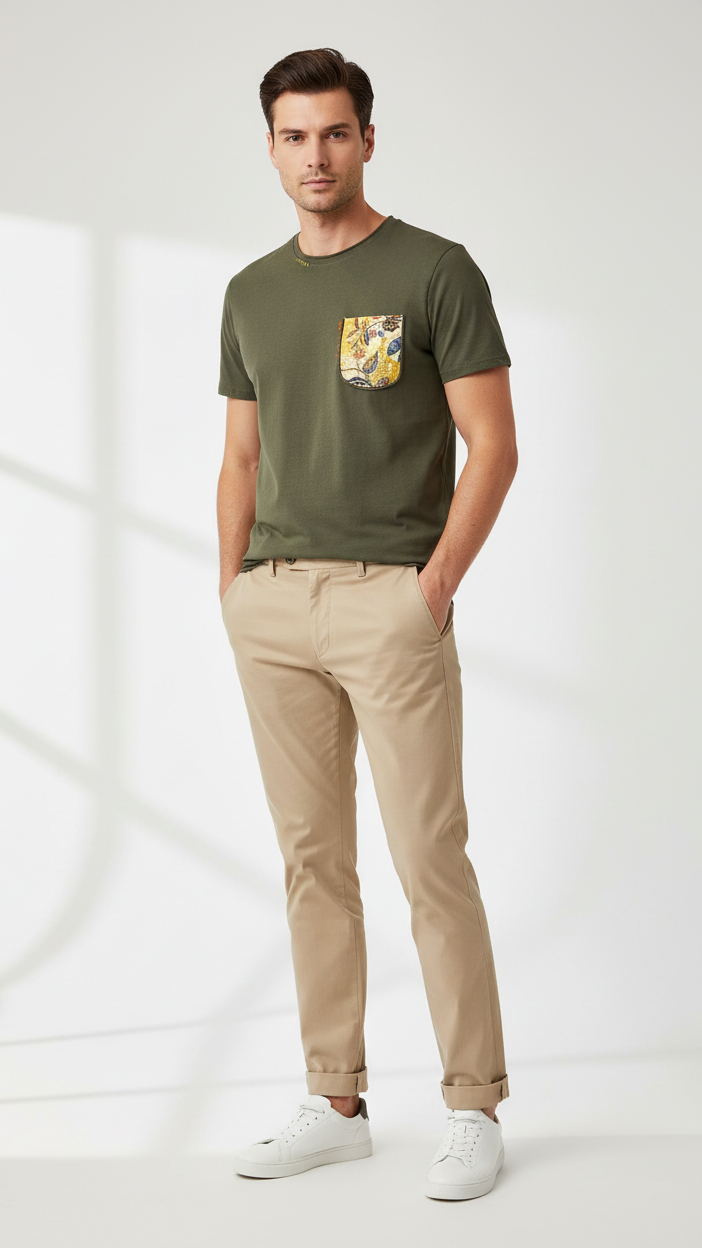 T-shirt regular col rond poche 100% coton - KAKI NO AGE