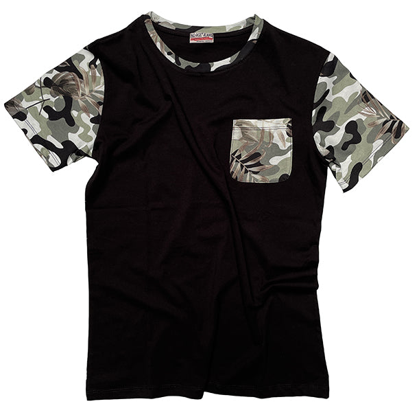 T-shirt col rond homme de la marque NO AGE avec manches en camouflage, style décontracté et moderne.