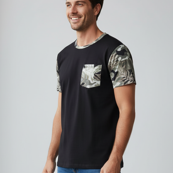 Men's NO AGE round neck t-shirt featuring camouflage sleeves in a casual style.