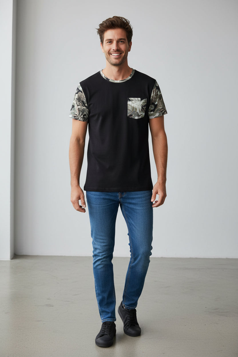 NO AGE men's round neck T-shirt with camouflage sleeves displayed on a neutral background.