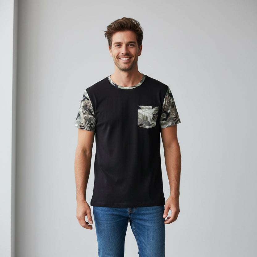 NO AGE men's round neck t-shirt with camouflage sleeves, featuring a casual style and comfortable fit.