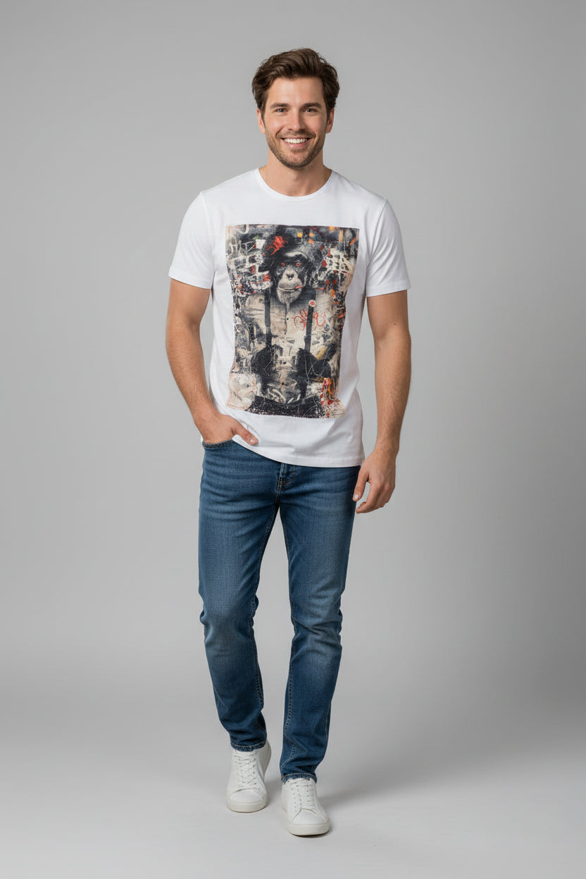 Regular round collar men's T-shirt by NO AGE in a light color, displayed flat showing fabric texture and design details.