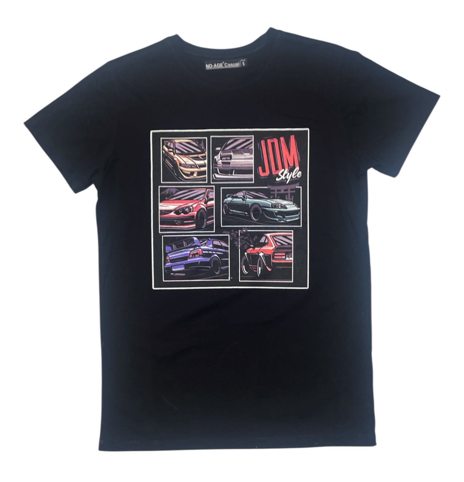 T-shirt homme NO AGE à col rond, style régulier, avec design JDM visible sur le devant, coton confortable.