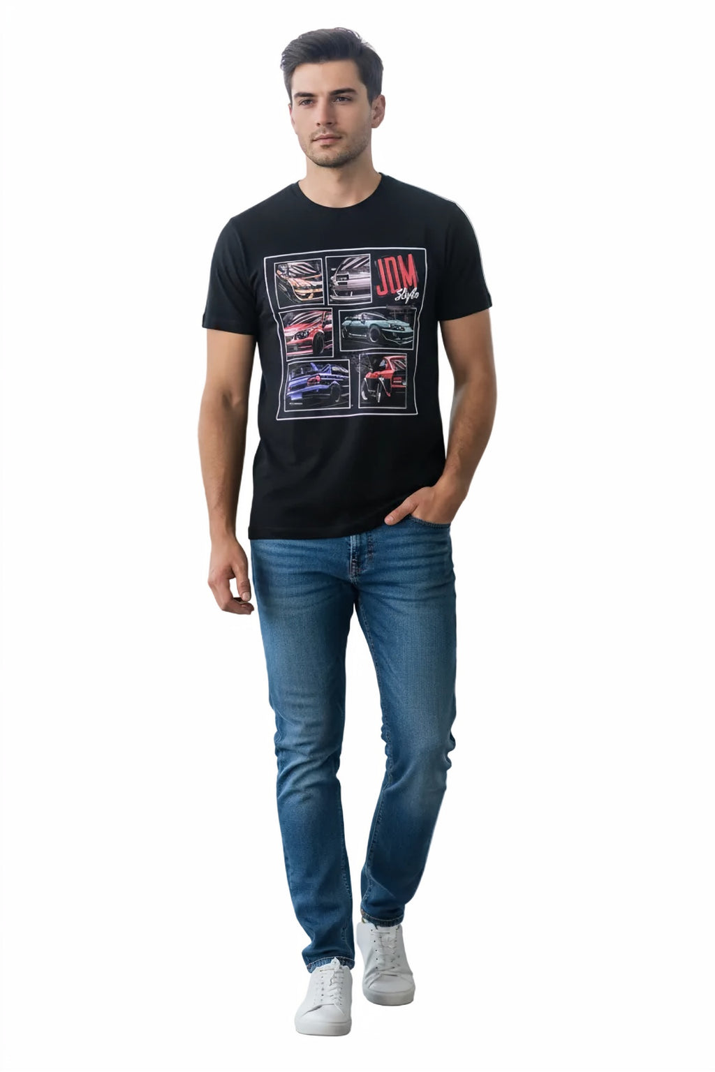 T-shirt homme regular col rond NO AGE JDM avec logo graphique, en coton gris clair, porté sur mannequin.