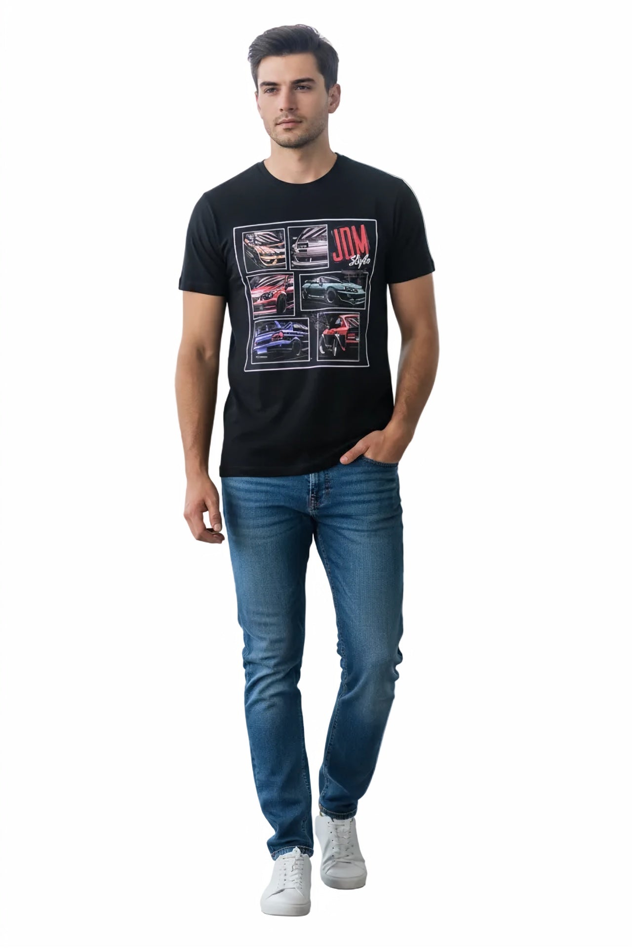 T-shirt homme regular col rond NO AGE JDM avec logo graphique, en coton gris clair, porté sur mannequin.