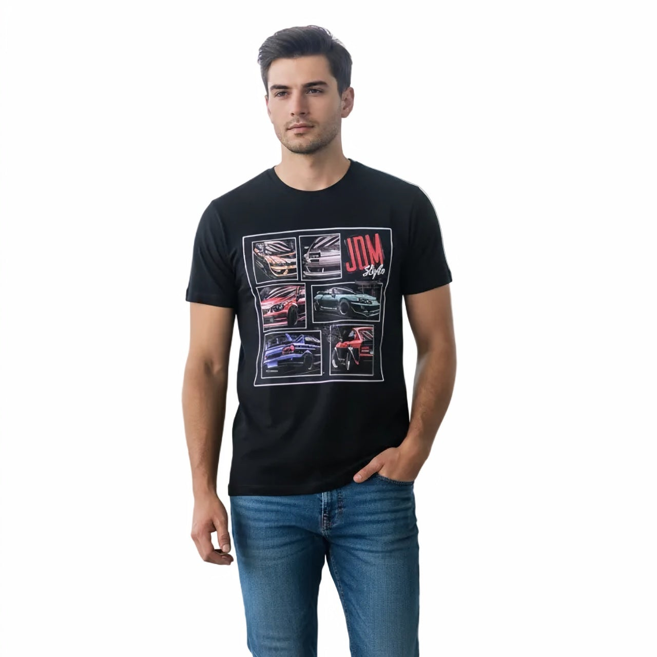 T-shirt homme NO AGE regular col rond JDM, tissu confortable, couleur neutre, affichant un design graphique sur le devant.
