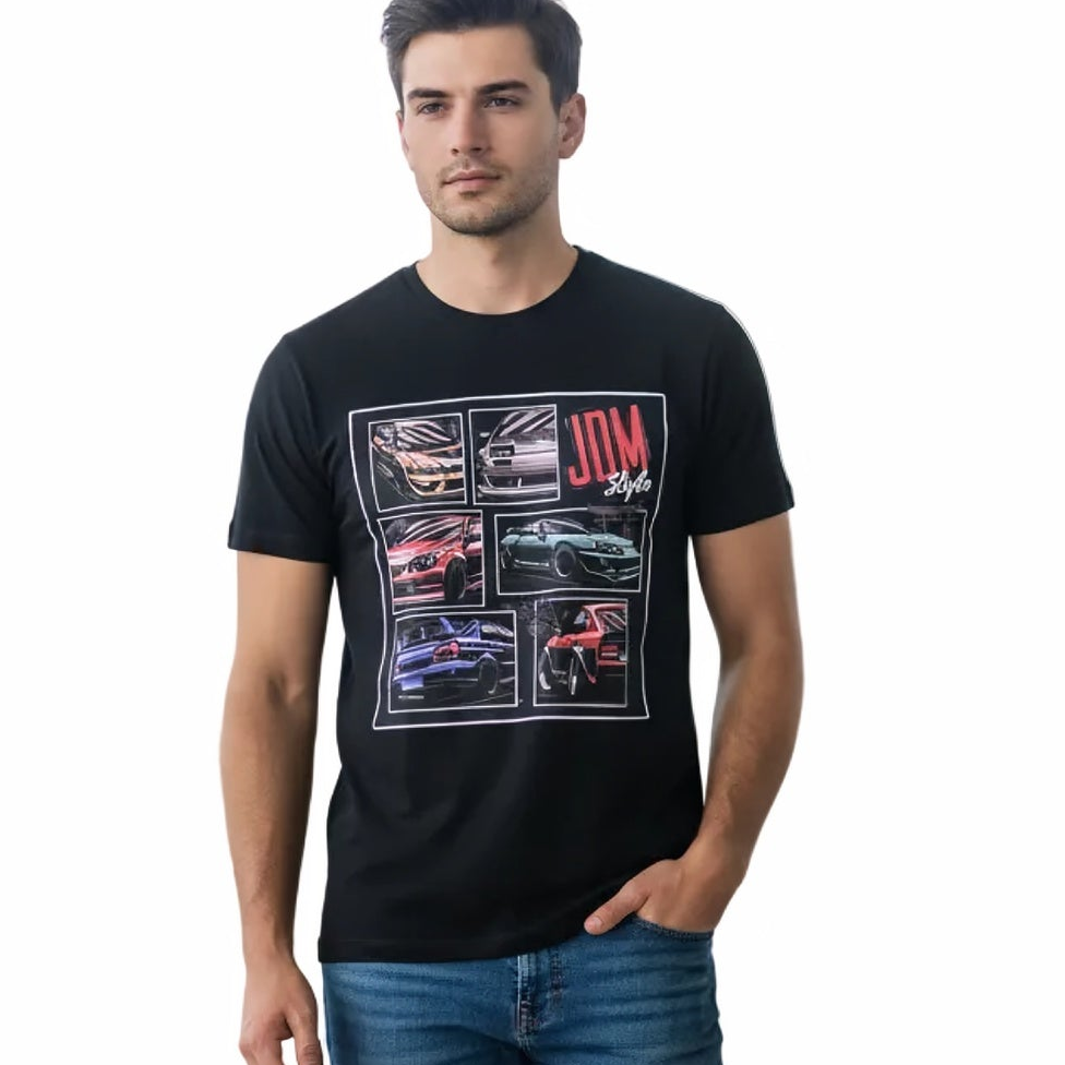 T-shirt homme regular à col rond JDM de la marque NO AGE, en coton, avec design graphique visible sur le devant.